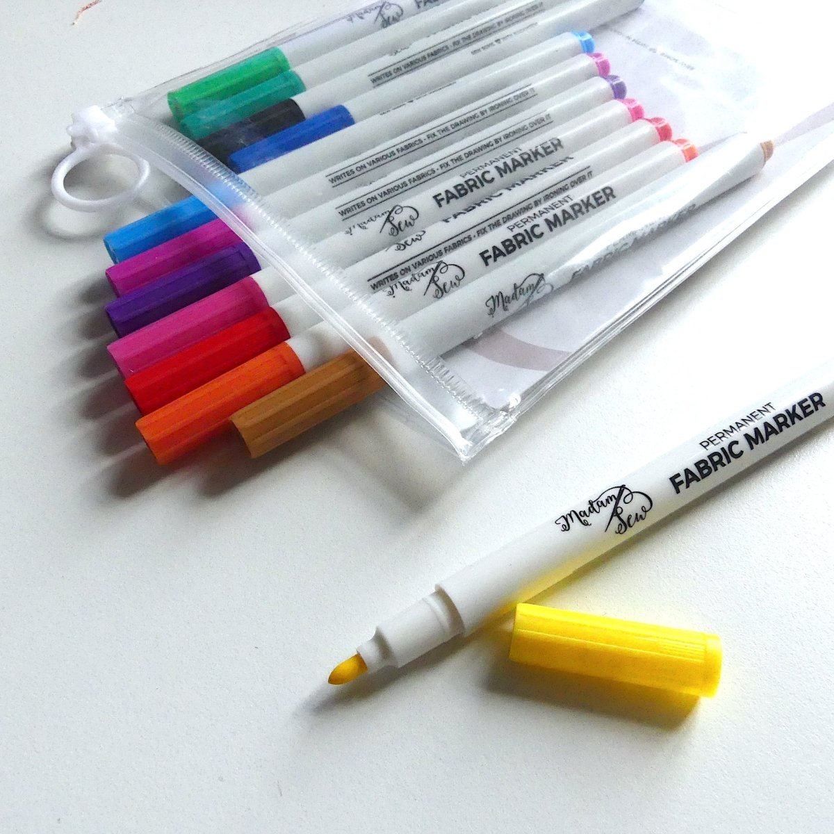 Madam Sew permanent fabric markers in a transparent reusable pouch