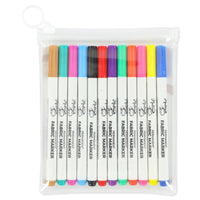 Ten colors of permanent fabric markers in a transparent reusable pouch