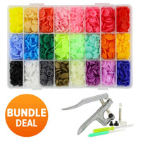a box of 360 plastic snaps and the tools to attach them to fabrics on a white background