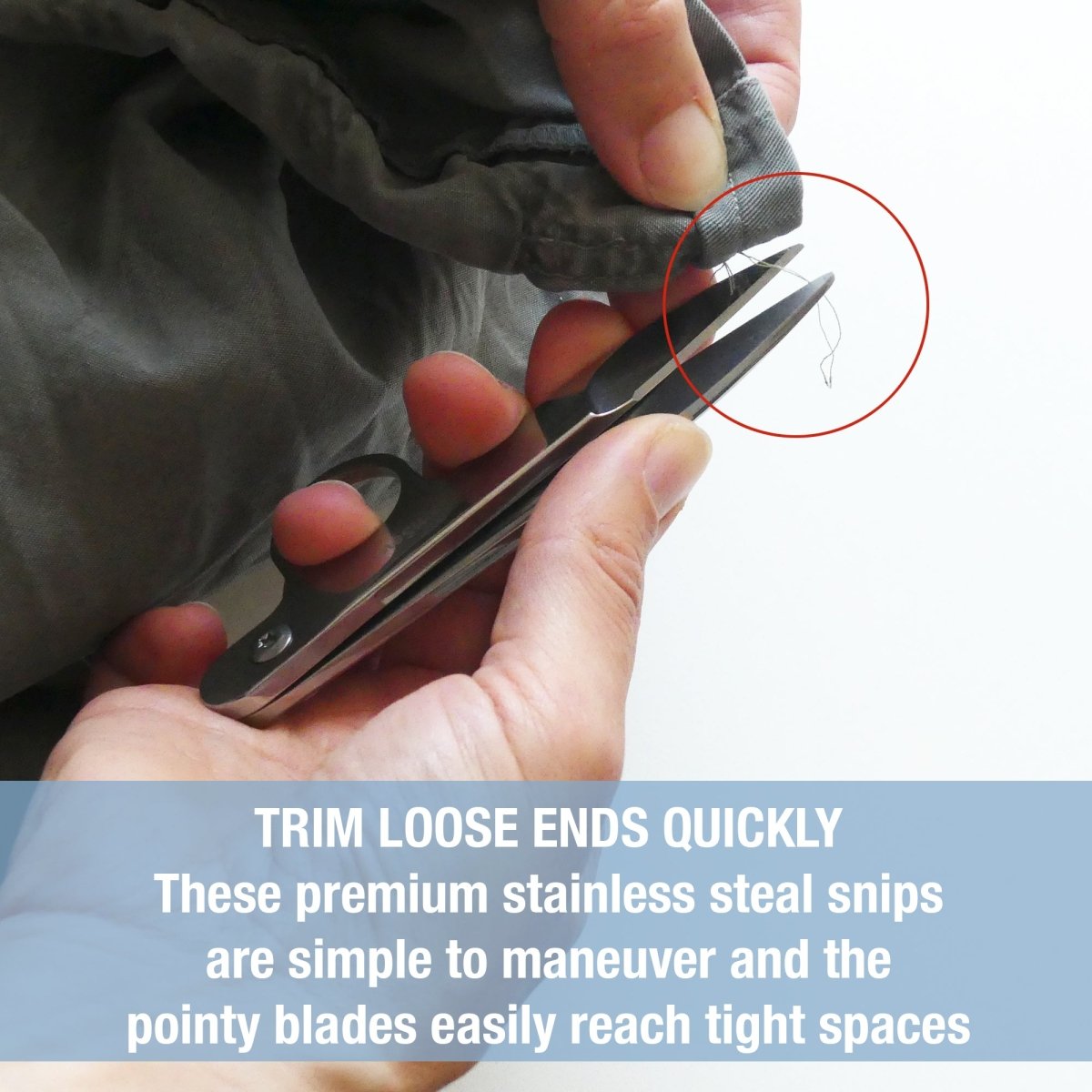 Snipping threads with the Madam Sew thread snips