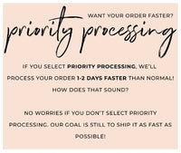Card explaining what the Priority Processing by Madam Sew is about