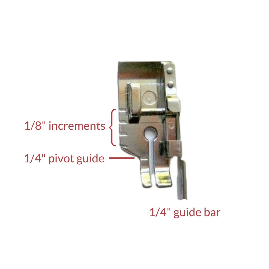 Pictures showing the useful markings and guide bar found on the 1/4" Quilting Foot with Guide.