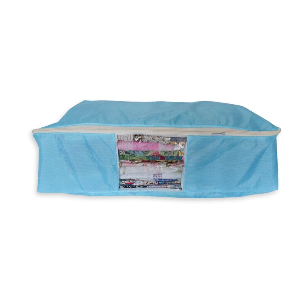 A turquoise storage bag for quilts from Madam Sew on a white background