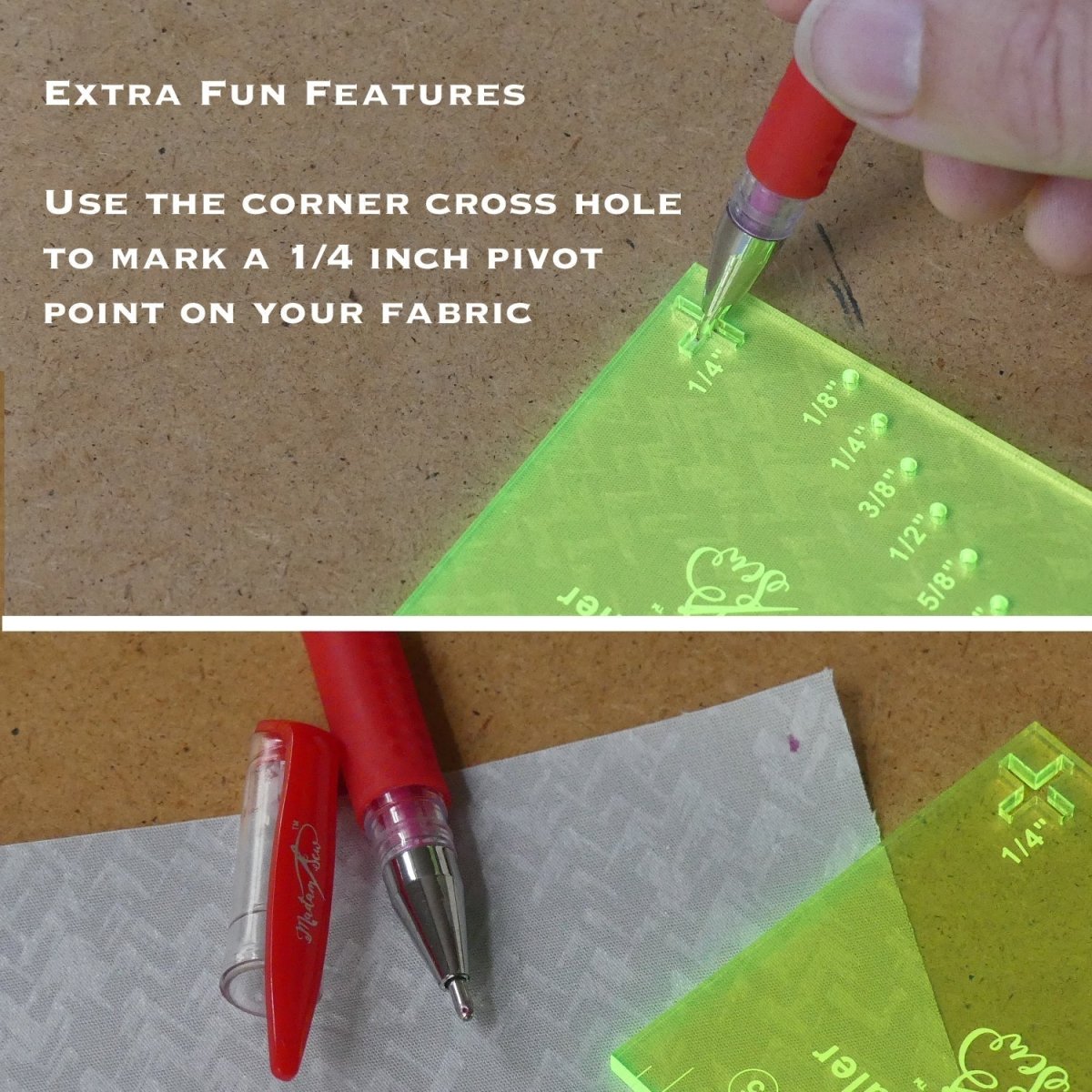 marking a 1/4 inch pivot on fabric with the seam guide ruler