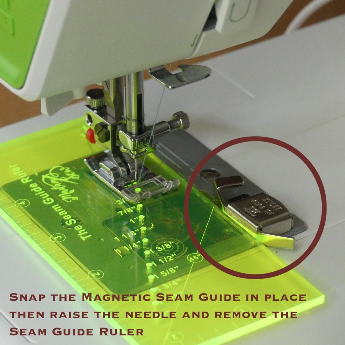 how to use the magnetic seam guide in combination with a seam guide ruler on a sewing machine