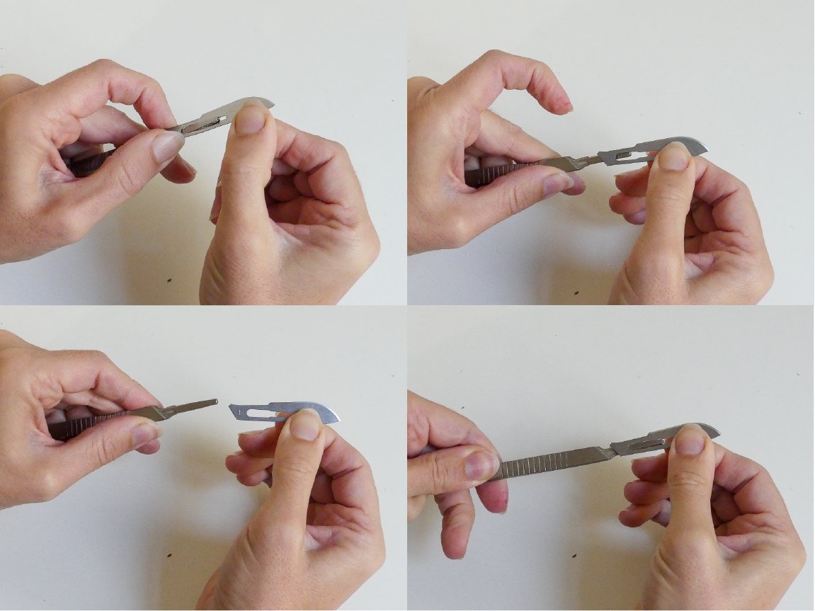 Two hands attaching a new blad on the thread knife in four steps