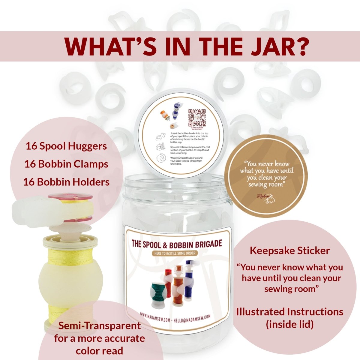 infographic about the spool and bobbin organizers and what comes in the jar