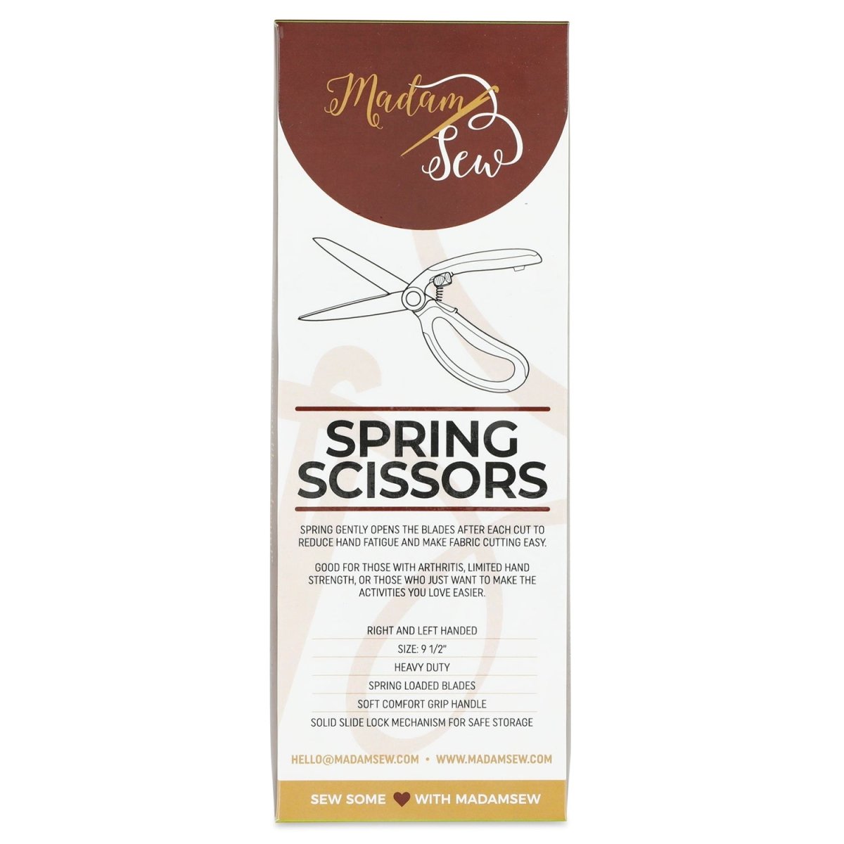 The packaging of the Madam Sew spring scissors