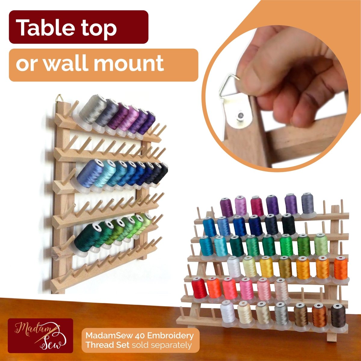 NW 60-Spools Wooden Thread Holder Sewing and Embroidery Thread Rack and  Organizer Thread Rack for Sewing with Hanging Hooks