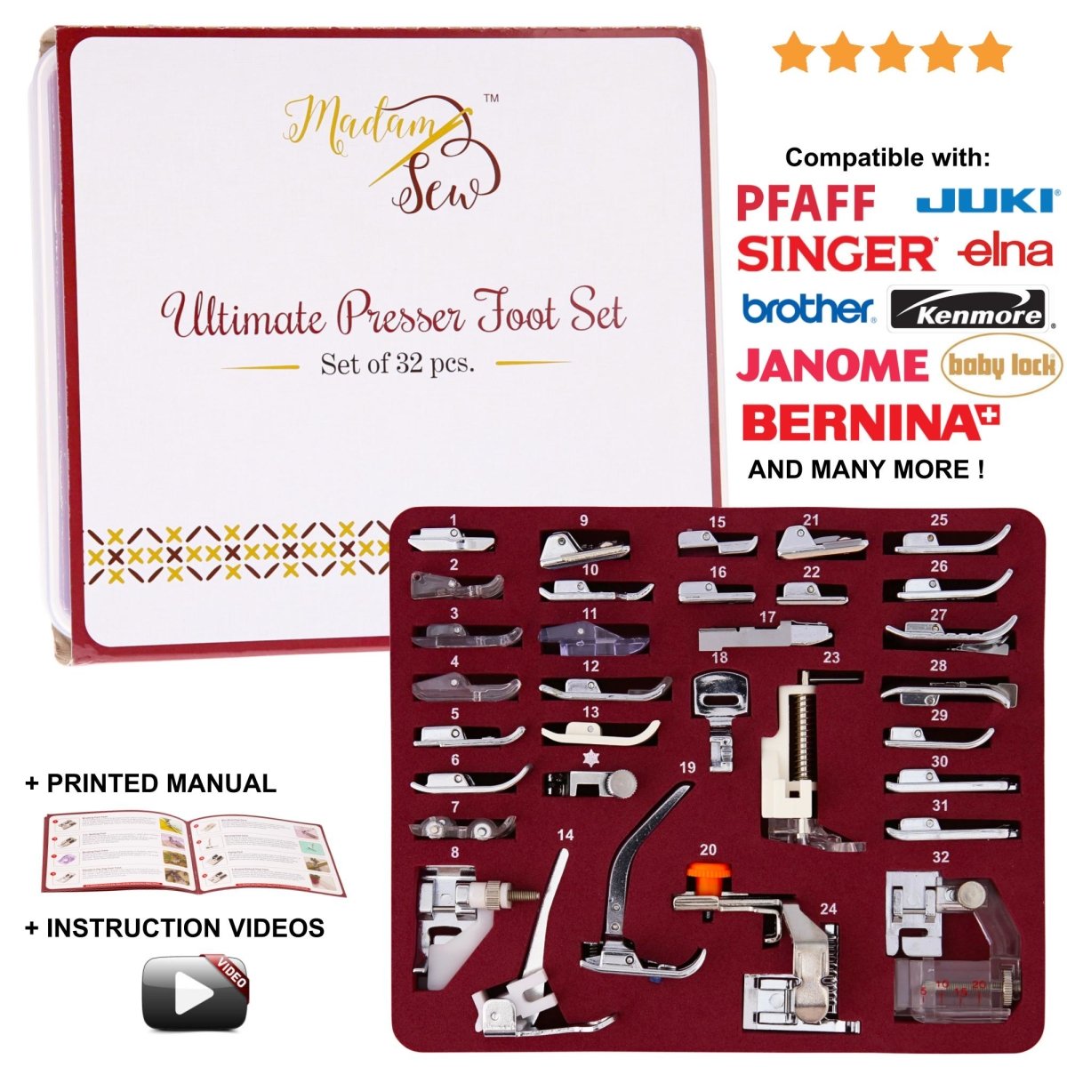 Madam Sew's Ultimate Presser Foot Set with the manual booklet