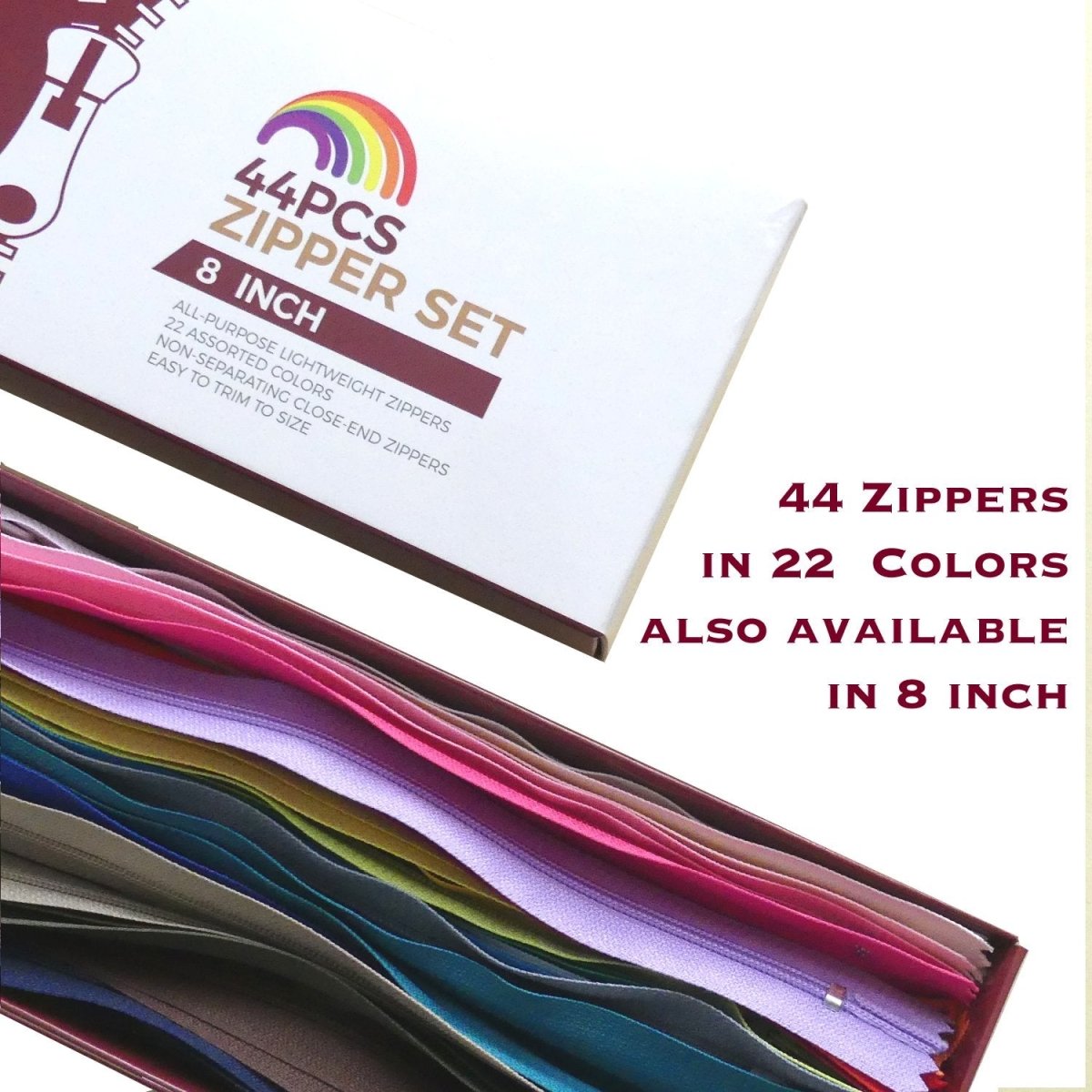 8 inch zippers in a box in 22 colors